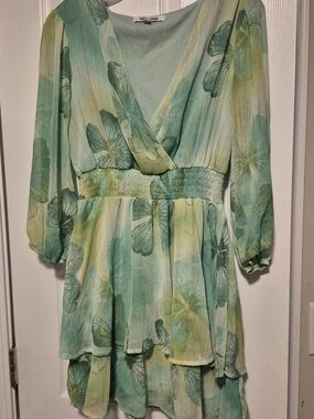 Mimi Chica Mint and Yellow Floral Wrap Mini Dress